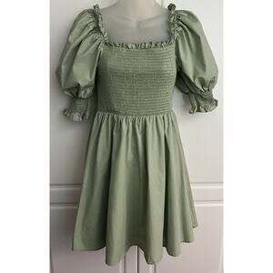Altar'd State Smocked Mini Dress with Puff Sleeve Sage Green Size M